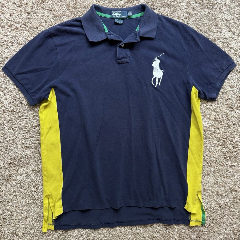 Polo Ralph Lauren Navy Blue & Yellow Big Pony Polo Shirt Custom Fit , Size XL